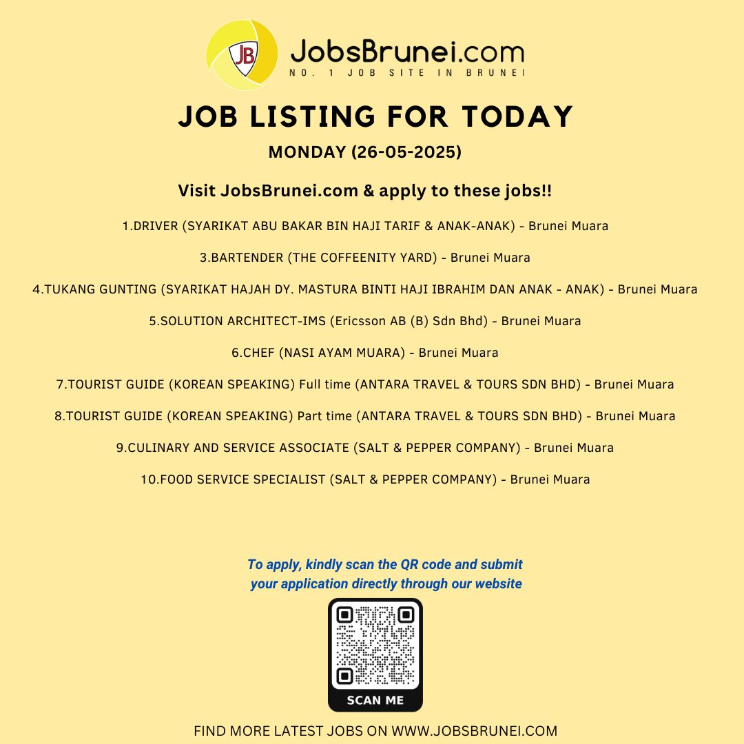 JobsBrunei's tweet photo. Latest jobs available on our job site, posted today. Visit https://t.co/7PJ3NFbCbU to view more newly posted jobs.For more latest jobs, visit the link on our bio or scan QR Code https://t.co/FYuU8UaBbN