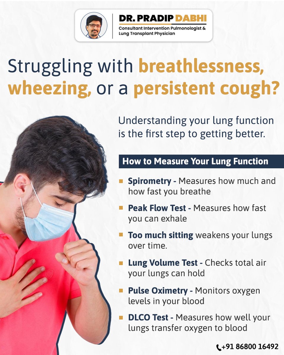 DrPradipDabhi's tweet image. Struggling with breathlessness, wheezing, or a constant cough? It could be more than just a seasonal issue. Understanding your lung function is the first step toward feeling better.

#LungHealth #PulmonaryFunctionTest #DrPradipDabhi #LungTransplantPhysician #Pulmonologist