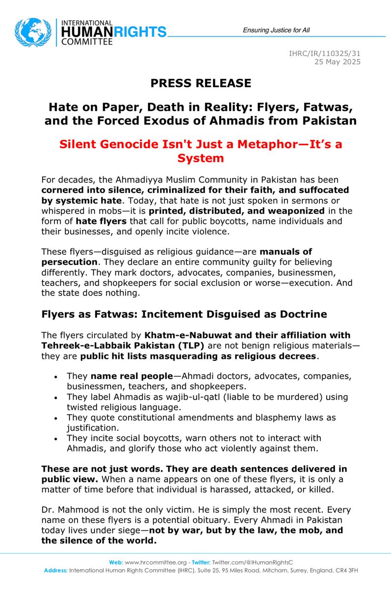 IHumanRightsC's tweet photo. PRESS RELEASE

Hate on Paper, Death in Reality: Flyers, Fatwas, and the Forced Exodus of Ahmadis from Pakistan https://t.co/pASjHP1cCo