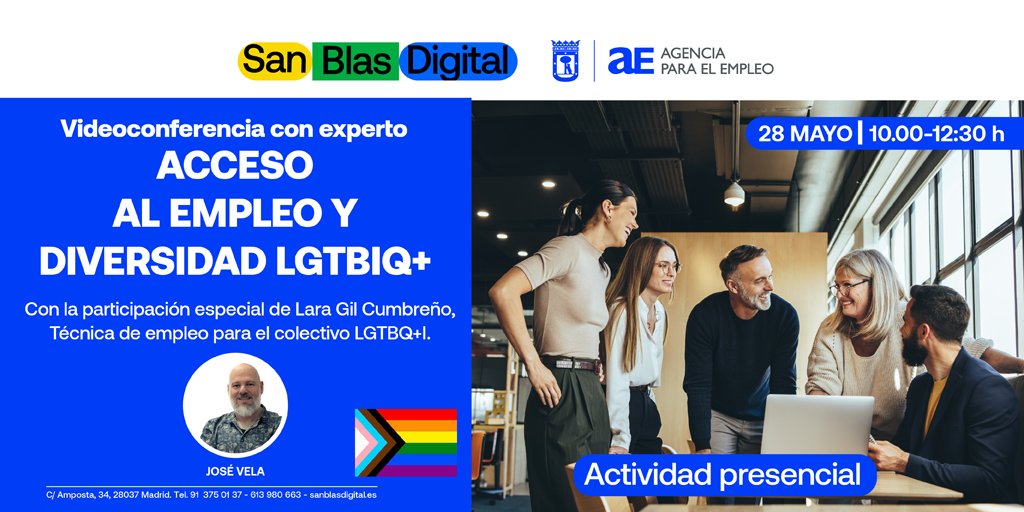 Acceso al empleo y diversidad LGTBI  

📅 Miércoles 29 de mayo
🕥 De 10:30 a 12:00 h
📍 San Blas Digital, Calle de Amposta, 34

⬇️Apúntate gratis aquí⬇️
sanblasdigital.es/actividad/acce…