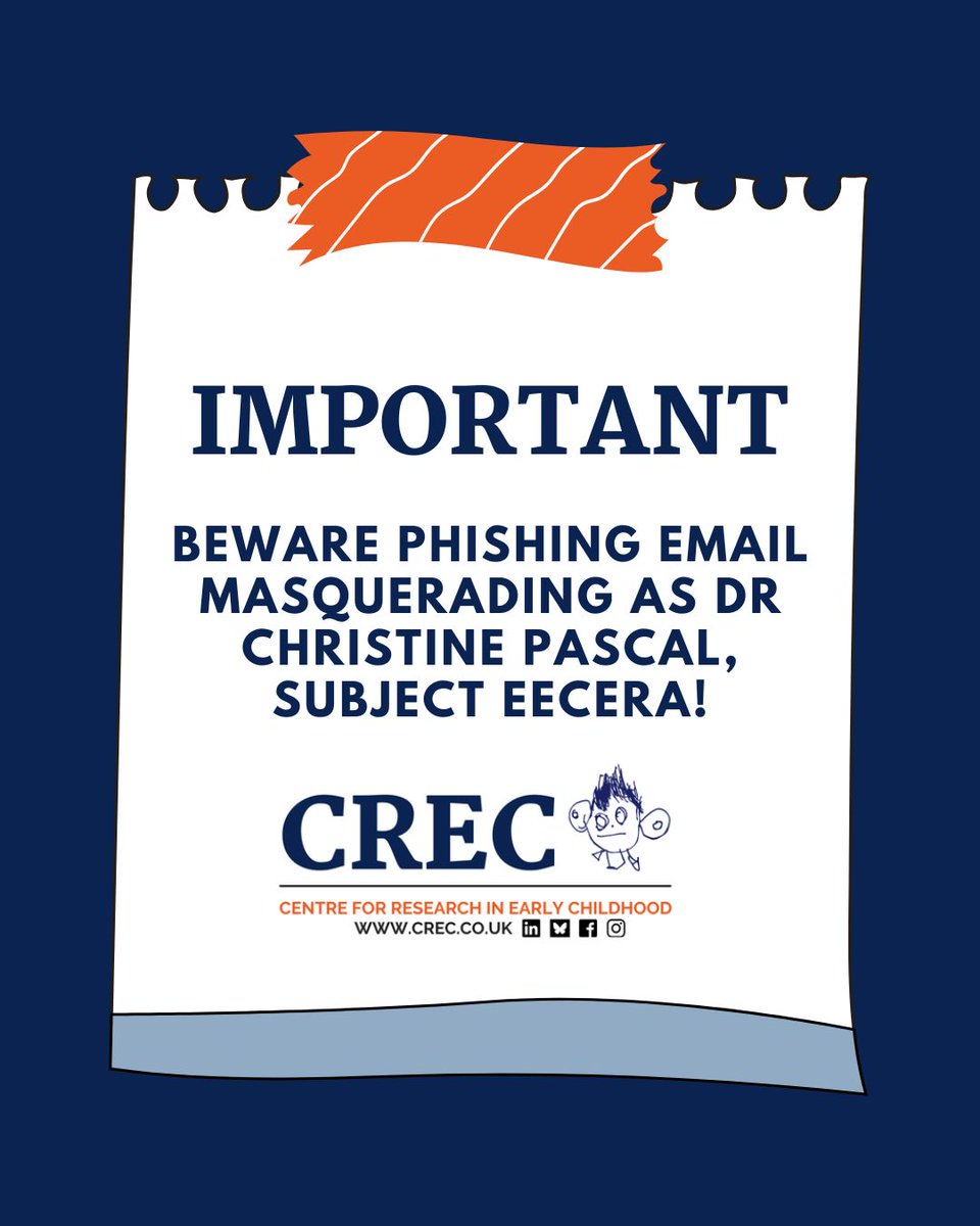 EECERA (@eecera) on Twitter photo We regret to inform you that there's a phishing email doing the rounds, pretending to be <a href="/christinepascal/">Dr Chris Pascal</a>. Chris Pascal has NOT contacted members recently, and we would like to remind our audience of the dangers of submitting any personal information online.
Thank you,
CREC We regret to inform you that there's a phishing email doing the rounds, pretending to be <a href="/christinepascal/">Dr Chris Pascal</a>. Chris Pascal has NOT contacted members recently, and we would like to remind our audience of the dangers of submitting any personal information online.
Thank you,
CREC