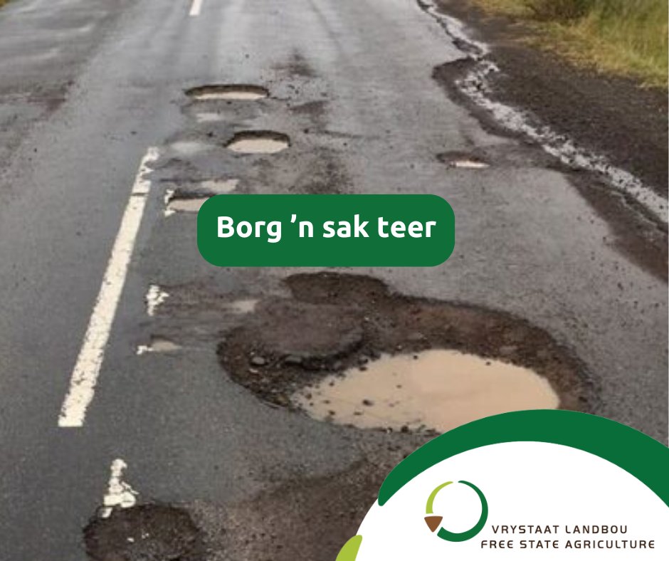 Slegte paaie stel lewens in gevaar, benadeel ons leefomgewing en bedreig voedselsekerheid.
Daarom het die boere van die Vrystaat besluit om self begin werk te maak van padherstel.

Klik op die skakel om die vorm in te vul en ŉ sak teer te borg: vrystaatlandbou.co.za/af/fix-our-roa…