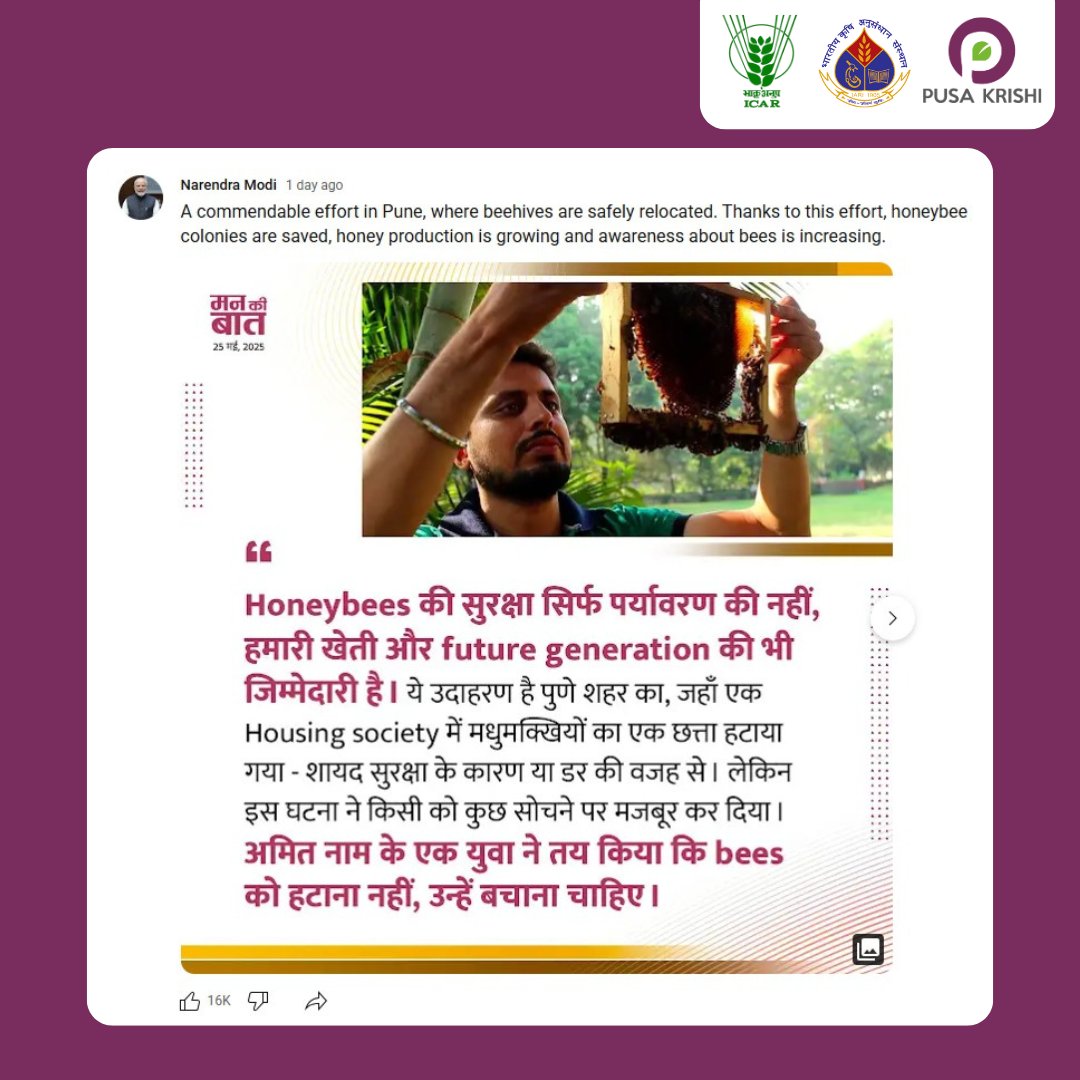 Proud moment for Pusa Krishi. Our incubated startup Bee Basket’s founder, Amit Godse was lauded by PM Modi in the latest ‘Mann Ki Baat’ episode for his innovative and eco-friendly method of relocating beehives
#MannKiBaat #Bees #BeeHives #BeeProduction #SustainableInnovation