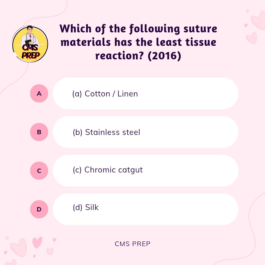 Cmsprep's tweet photo. 1 MCQ a Day || UPSC CMS 2025 || High Yield || Rapid Revision
.
.
Correct Answer: (b) Stainless steel
.
.
.
.
#upsc #mbbs #doctor #govtjob #MedicalExam #medicalofficer #upsccms #upsccms2025 #cms2025 #doctorjob #medicaljob #mo #medicalduty #motivation #exam #struggle https://t.co/z6TTKnPKWW