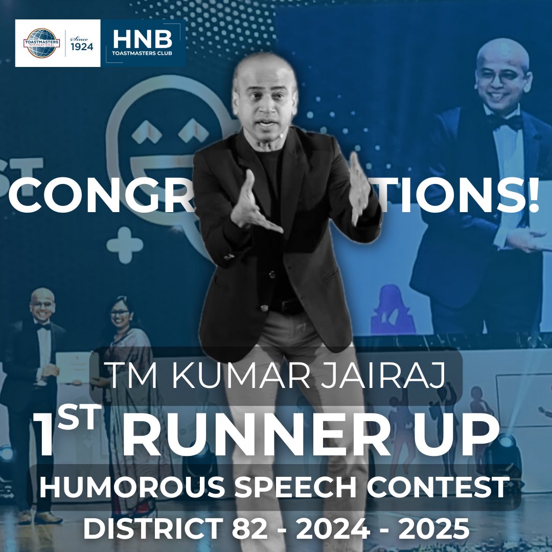 HNBTMC's tweet photo. 🎭 Humor with Heart
🥈 1st Runner-Up – Humorous Speech Contest - District 82 - 2024 - 2025

#hnbtmc #hnbtoastmastersclub #DistrictFinals #KumarJairaj #HumorousSpeech #FirstRunnerUp #HumorKing #District82 https://t.co/ojSLscqRLJ