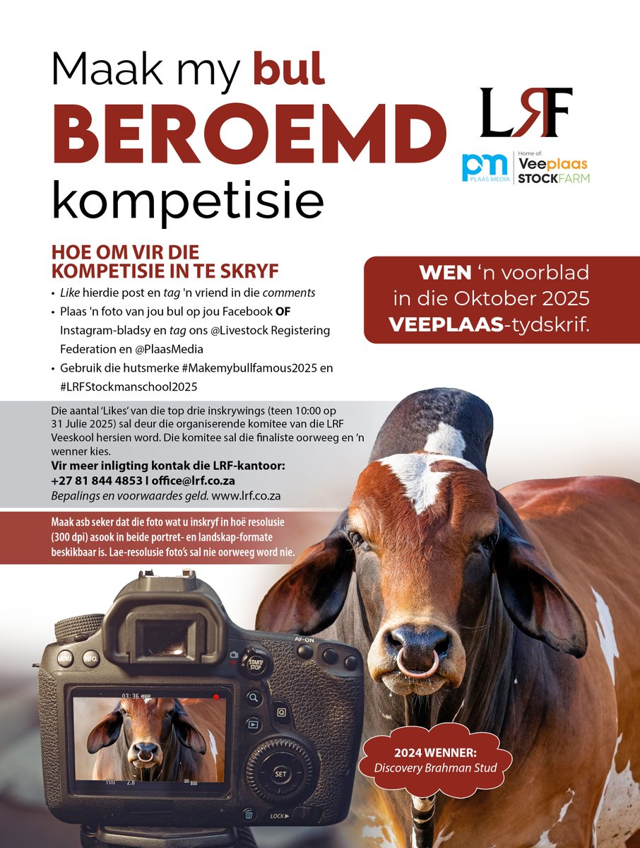 @veeplaas1 (@veeplaas1) on Twitter photo Wil jy graag jou topbul op die voorblad van ’n #tydskrif sien? Dit is nou jou geleentheid! Skryf in vir die voorbladkompetisie voor 10:00 op 31 Julie 2025 en volg die instruksies hieronder. Vir meer inligting, kontak die LRF-kantoor by 081 844 4853 of office@lrf.co.za. Wil jy graag jou topbul op die voorblad van ’n #tydskrif sien? Dit is nou jou geleentheid! Skryf in vir die voorbladkompetisie voor 10:00 op 31 Julie 2025 en volg die instruksies hieronder. Vir meer inligting, kontak die LRF-kantoor by 081 844 4853 of office@lrf.co.za.