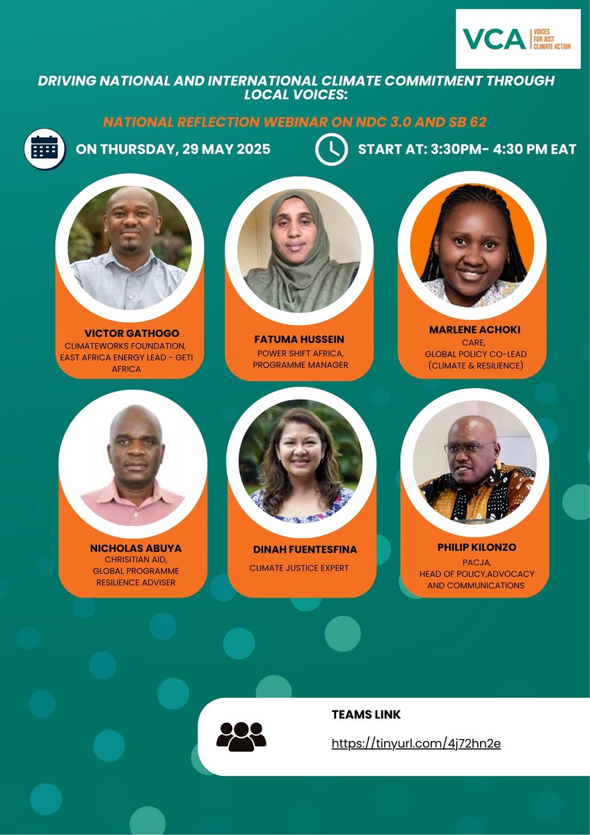 Join VCA for a webinar on Kenya’s NDC 3.0 and the upcoming SB62 Climate negotiations within the context of the Bonn Intersessions.

📅 Thursday 29th May 2025
⏰ 3:30PM - 4:30PM Eastern Africa Time
🔗Meeting Link:
teams.microsoft.com/l/meetup-join/…