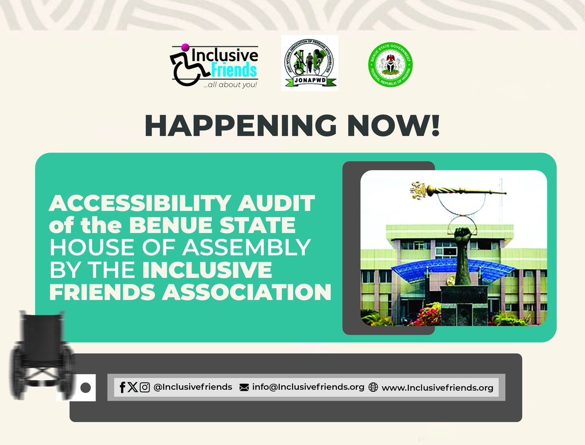 Inclusive Friends Association (@inclusivefrnds) on Twitter photo Happening Now!
1 in 7 Nigerians are persons with disabilities, yet 98.5% of public spaces lack inclusivity.
IFA is partnering with <a href="/BenueHouse/">Benue State House of Assembly</a> to change the narrative.
LIVE now: Conducting an accessibility audit to enhance inclusivity & ensure equitable civic participation. Happening Now!
1 in 7 Nigerians are persons with disabilities, yet 98.5% of public spaces lack inclusivity.
IFA is partnering with <a href="/BenueHouse/">Benue State House of Assembly</a> to change the narrative.
LIVE now: Conducting an accessibility audit to enhance inclusivity & ensure equitable civic participation.