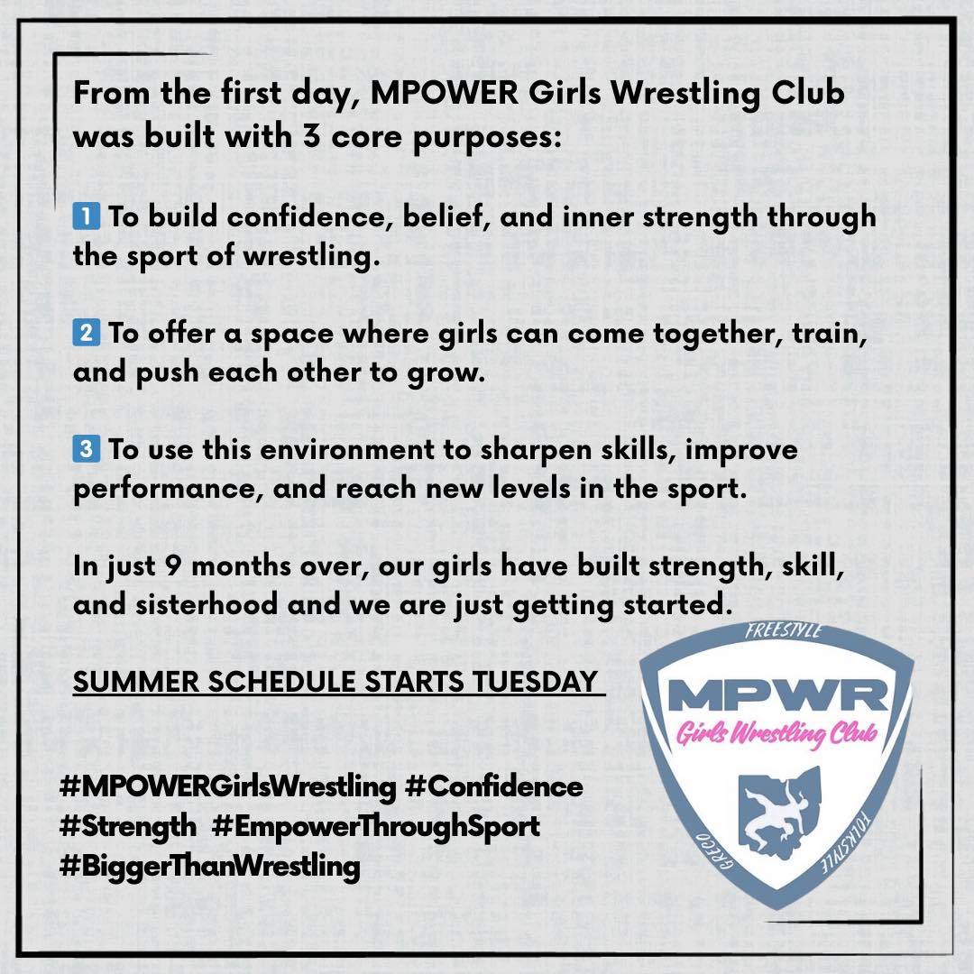 Summer Schedule
⏰Tuesdays 6-7:30pm
⏰Thursdays 9-10:30am
📍833 N. Maple st
Marysville Oh 43040
🚪Use entrance J in the back of the building
🇺🇸🤼‍♀️ USA Wrestling Card Required
We're just getting started, questions reach out!!!!