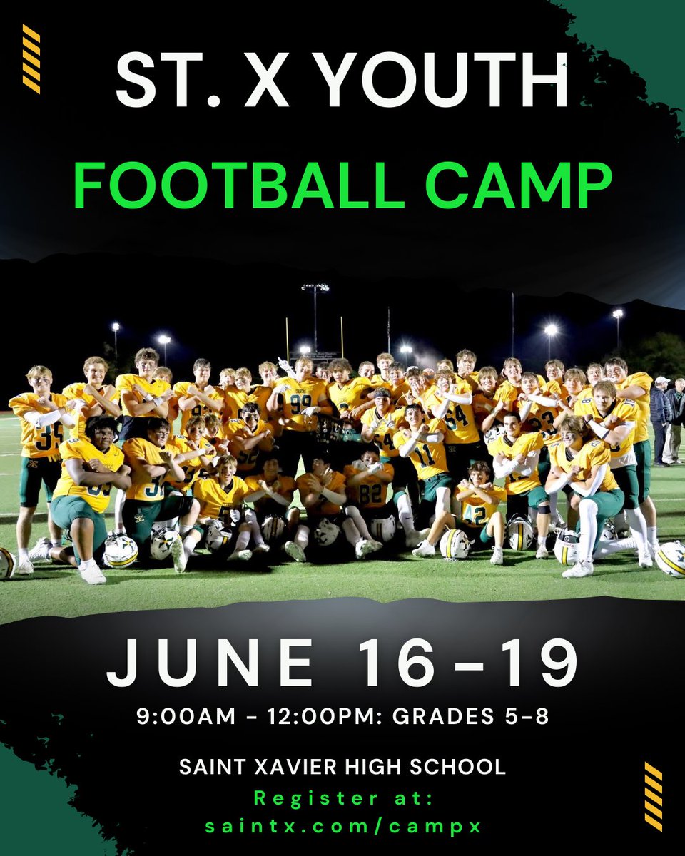 A lot of fun options taking place this summer on campus at St. X. The St. X Youth 🏈 Football 🏈 Camp is approaching… register at saintx.com/campx