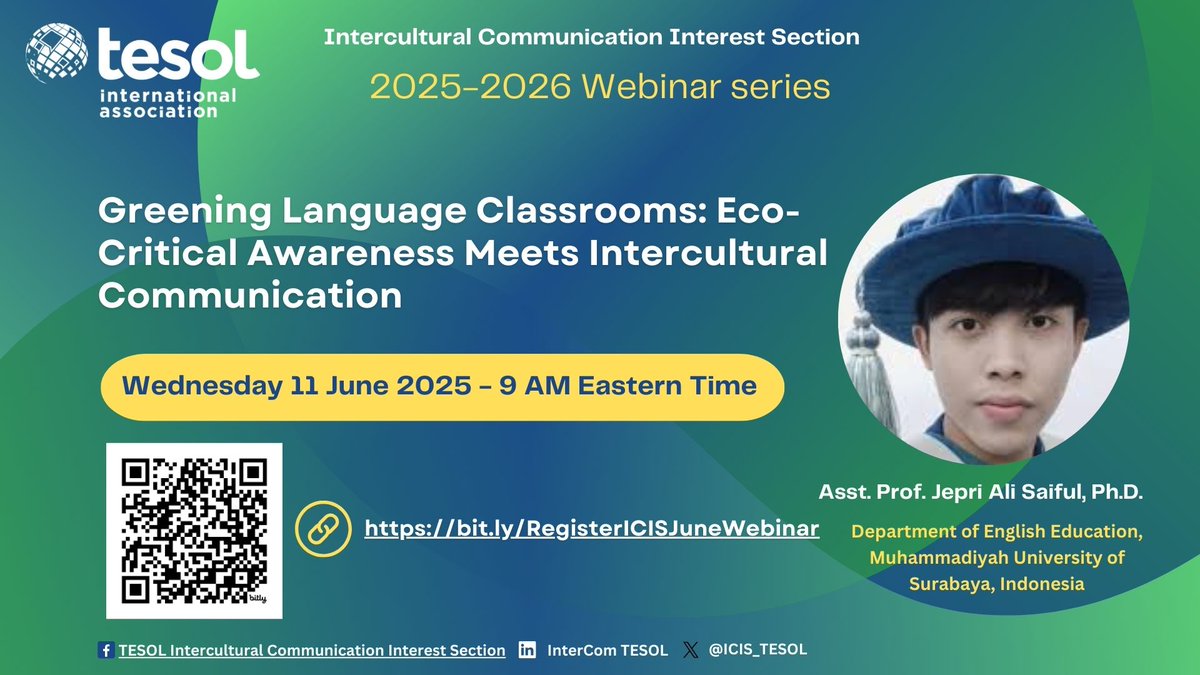 Andrea (@andrealypka) on Twitter photo Register to join us for our next ICIS Webinar with Dr Jepri Ali Saiful on Wednesday 11 June 2025 at 9 am Eastern Time.bit.ly/RegisterICISJu…
Title: Greening Language Classrooms: Eco-Critical Awareness Meets Intercultural Communication
<a href="/ICIS_TESOL/">ICIS_TESOL</a> Register to join us for our next ICIS Webinar with Dr Jepri Ali Saiful on Wednesday 11 June 2025 at 9 am Eastern Time.bit.ly/RegisterICISJu…
Title: Greening Language Classrooms: Eco-Critical Awareness Meets Intercultural Communication
<a href="/ICIS_TESOL/">ICIS_TESOL</a>