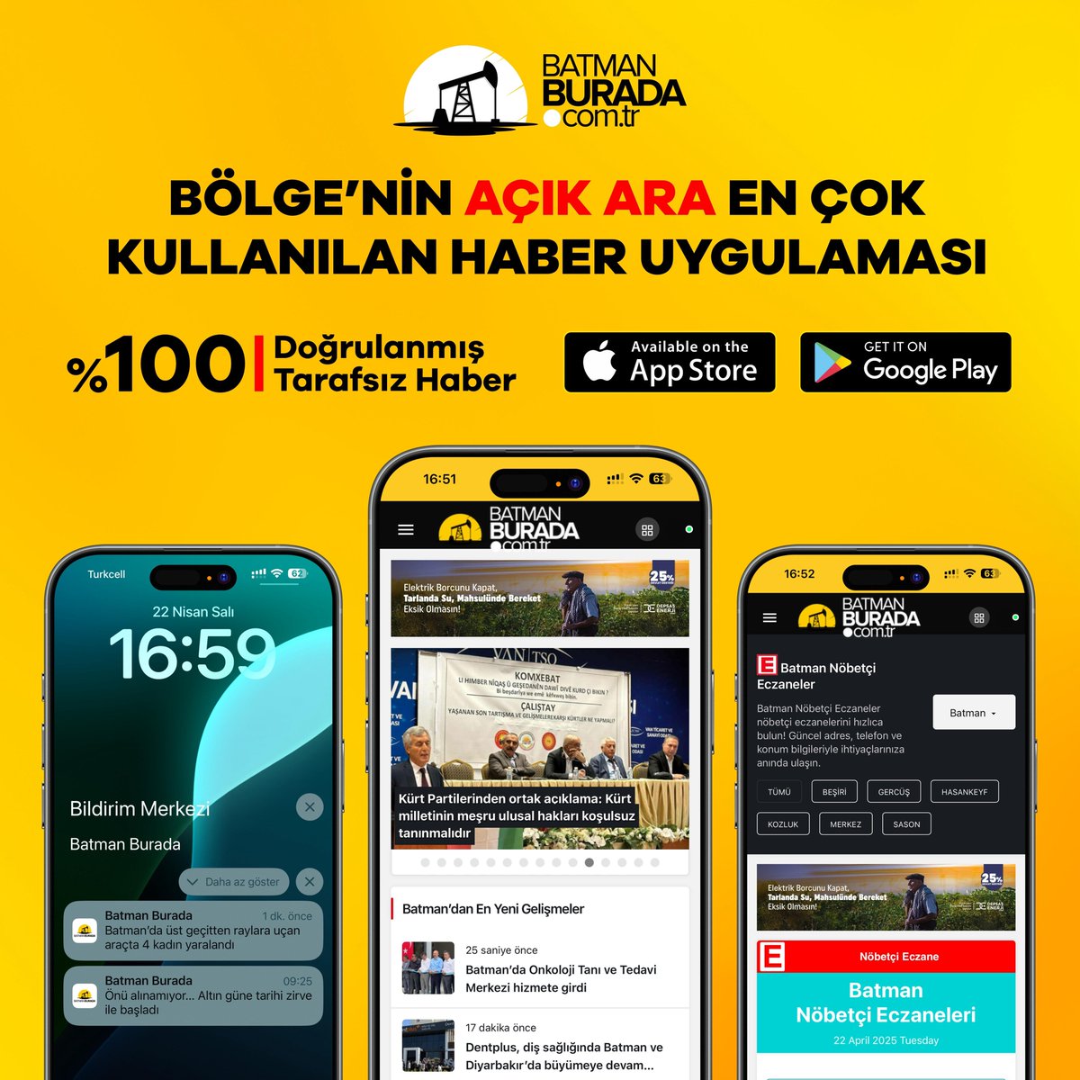 📱 BÖLGENİN EN GÜÇLÜ HABER KAYNAĞI CEBİNDE!

BatmanBurada mobil uygulamasıyla %100 DOĞRULANMIŞ ve TARAFSIZ HABER artık bir tık uzağında!

📊 Bölgenin açık ara en çok kullanılan haber uygulaması!
🔔 Bildirimleri aç, gelişmeleri ilk sen öğren!

📲 Hemen indir:
✅ App Store
✅