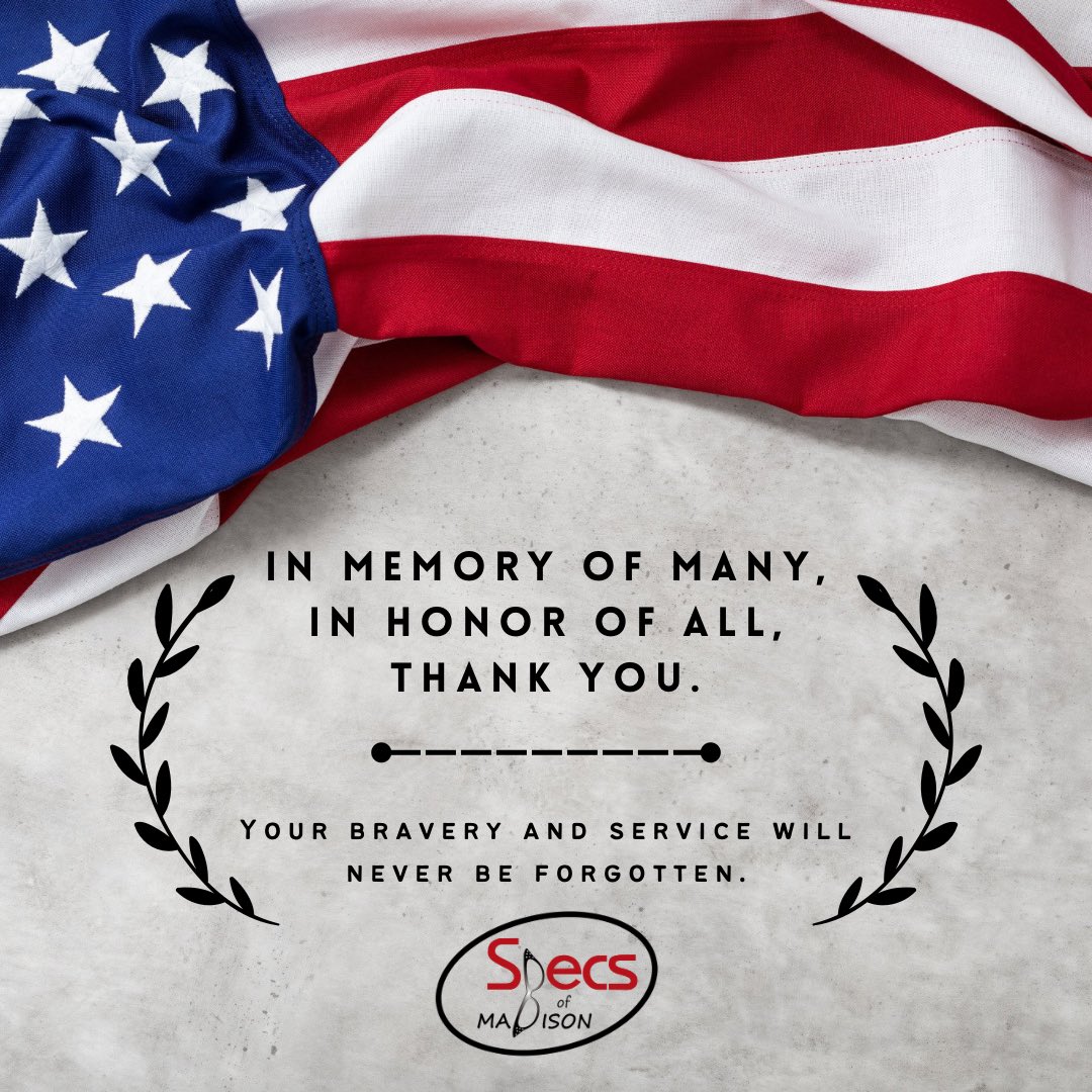 SpecsofMadison's tweet image. We will be closed today in observance of Memorial Day.