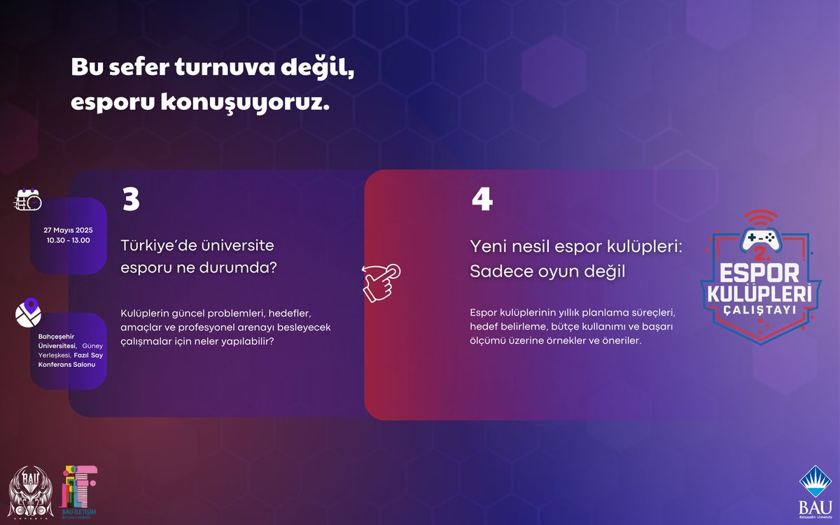 Sadece turnuva değil, strateji ve gelecek de konuşulacak

🎯 Üniversite kulüp başkanları ve yönetim kurullarıyla bir araya gelip güncel durumlarını konuşuyoruz.

🕥 Saat: 10:30 – 12:30
📍 Yer: Bahçeşehir Üniversitesi, Güney Yerleşkesi
📥 Katılım Linki:forms.gle/7qWqj2chcWDLMm…