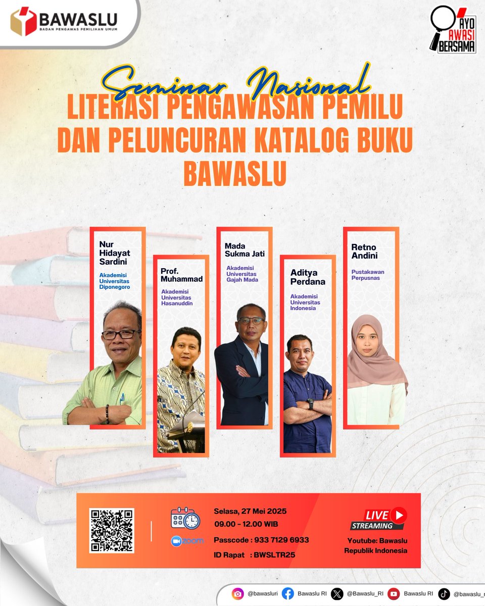 Sebelum berpartisipasi mengawasi, terlebih dulu harus tee literasi. 
Yuk, #SahabatBawaslu, ikuti seminar Literasi Pengawasan Pemilu dan Peluncuran Katalog Buku Bawaslu, live di Youtube Bawaslu atau Zoom dengan pandai kode QR di bawah. 
Sampai bertemu. 

#LiterasiPengawasanPemilu