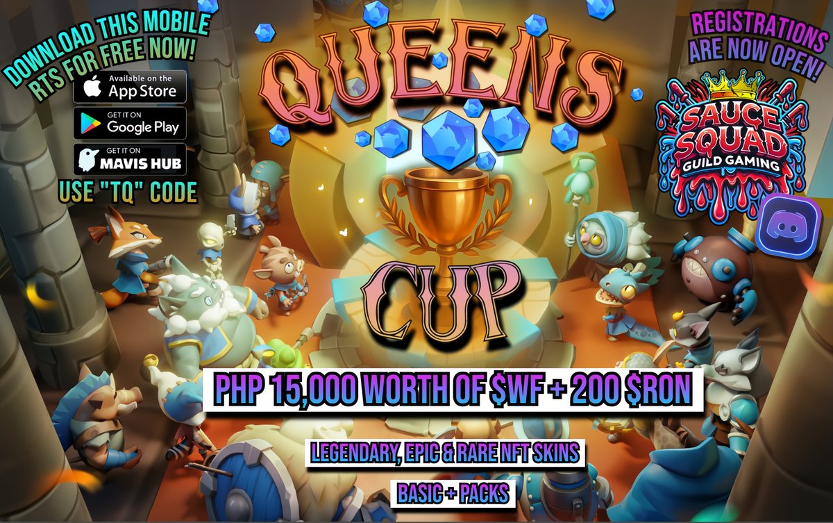 👑 QUEENS CUP is HERE 👑
Hosted by yours truly, conquer the WILDFOREST &amp; WIN!!🤑

🪙 PHP 15,000 worth of $WF + 200 $RON 
💰 Legendary, Epic &amp; Rare NFT Skins
🎁 30 Basic+ Packs

🏆 Outsmart enemies &amp; Win the throne!

📱 FREE to play on Mobile &amp; PC, use "TQ" code!
🎮 The most