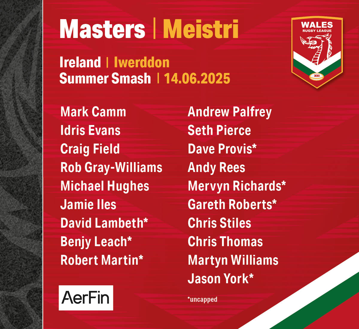 Wales Rugby League (@walesrugbyl) on Twitter photo Meistri🏴
Wales Masters name their squad to face <a href="/Irelandrl/">Rugby League Ireland</a> at the #summersmash at Cardiff Arms Park on Saturday 14th June.
It's part of a day-long event that also features four JES Group Rugby League Conference matches and some junior encounters.
Mwy: wrl.wales/wales-masters-… Meistri🏴
Wales Masters name their squad to face <a href="/Irelandrl/">Rugby League Ireland</a> at the #summersmash at Cardiff Arms Park on Saturday 14th June.
It's part of a day-long event that also features four JES Group Rugby League Conference matches and some junior encounters.
Mwy: wrl.wales/wales-masters-…