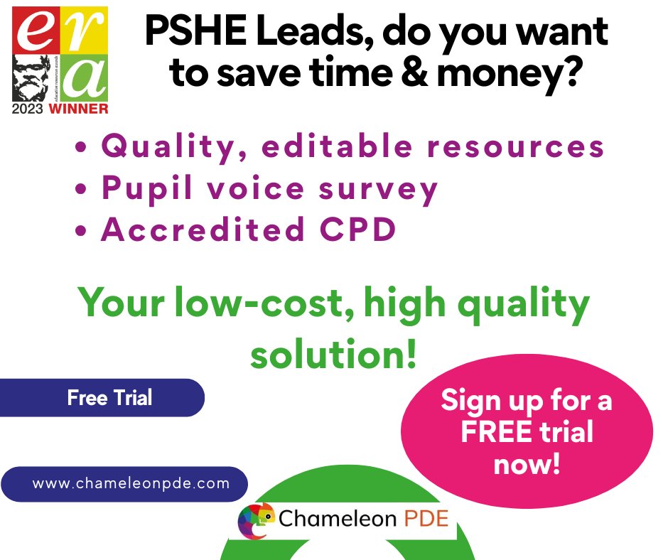 With school budgets tighter than ever why not opt for a great-value solution for your PSHE? Extensive resource library, accredited CPD and online pupil voice survey all in one place. Sign up for a free account today chameleonpde.com/users/sign_up?…
We'll set you up with a free trial