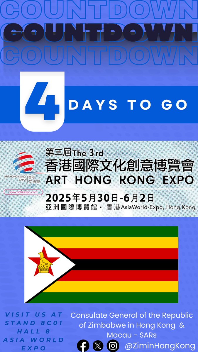 Zimbabwe will be participating at the 3rd Art Hong Kong Expo, to be held from 30 May –2 June 2025. Visit us at stand 8C01, Hall 8, Asia World Expo, Hong Kong, for a Zimbabwean experience.  

Visit us and #ExperienceZimbabwe.
 
#ZiminHongKong
#WorldofWonders
#ExperienceZimbabwe