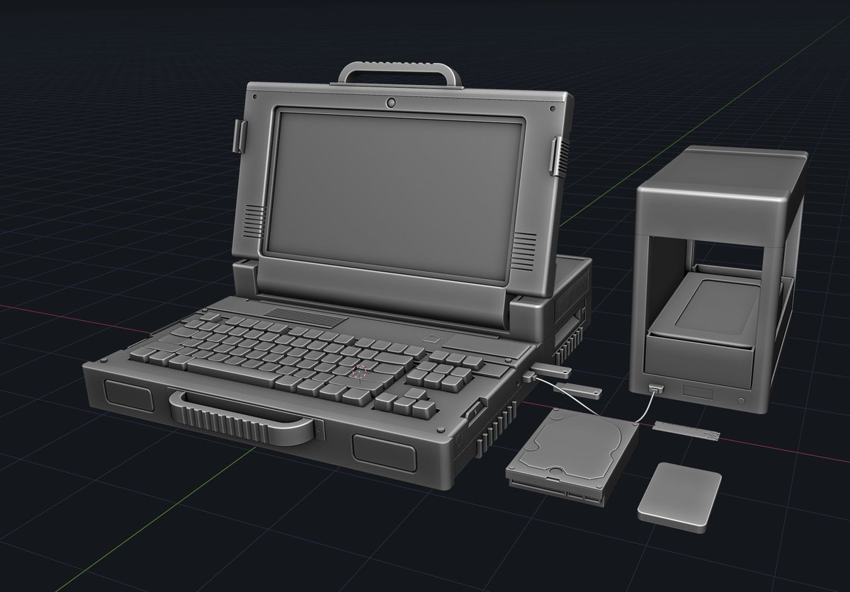Here’s a look at our updated 3D laptop model! 

Now featuring modular components like HDDs, SSDs, NVMEs, USB drives, and even a 3D printer.

From a gameplay perspective, this device will include a close to reality UNIX-like shell and game mode centric commands.