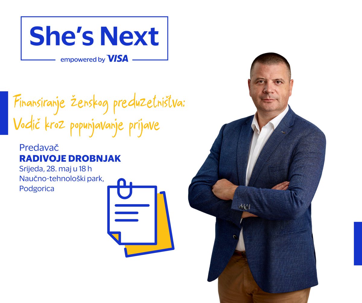 Digitalizuj.Me (@digitalizujme) on Twitter photo 📢Prva besplatna radionica u okviru Visa She’s Next projekta stiže u Podgoricu!
🗓️Srijeda, 28. maj
🕕18h | 📍 <a href="/StpMNE/">Naučno-Tehnološki Park CG</a>
Sa <a href="/rajodrobnjak/">Radivoje Drobnjak</a> nauči kako da uspješno apliciraš za grantove i finansiraš svoj biznis.
Pridruži nam se popunjavanjem online prijave: forms.gle/sNaf8GDNVNrknf… 📢Prva besplatna radionica u okviru Visa She’s Next projekta stiže u Podgoricu!
🗓️Srijeda, 28. maj
🕕18h | 📍 <a href="/StpMNE/">Naučno-Tehnološki Park CG</a>
Sa <a href="/rajodrobnjak/">Radivoje Drobnjak</a> nauči kako da uspješno apliciraš za grantove i finansiraš svoj biznis.
Pridruži nam se popunjavanjem online prijave: forms.gle/sNaf8GDNVNrknf…