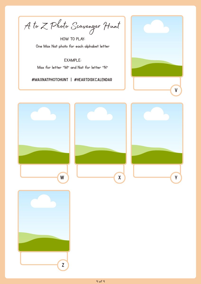 🔍 MAXNAT A - Z PHOTO SCAVENGER HUNT

HDMN have a photo hunt for Heartdisk - you can use the hashtag #MaxNatPhotoHunt to share yours and to see what other Heartdisk put for theirs 🖼

How to play: one word for every letter of the alphabet and one Max Nat photo representing that