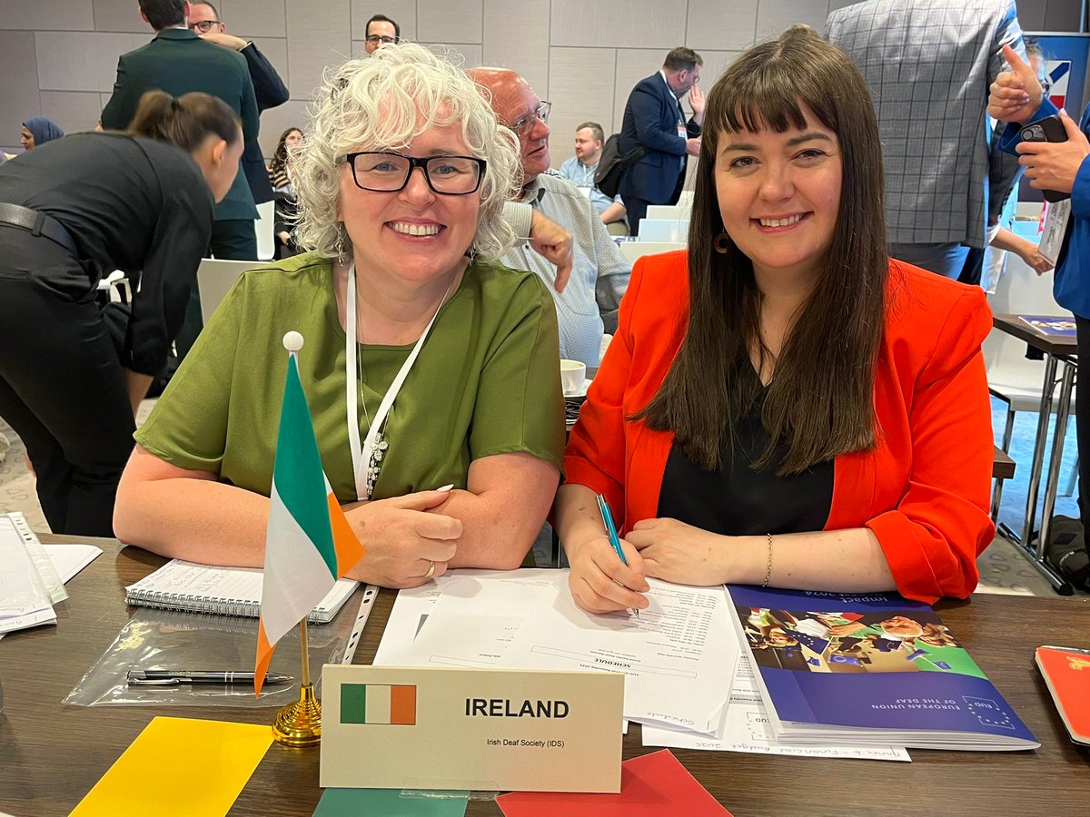 IrishDeafSoc's tweet photo. IDS Chairperson Lianne & Advocacy Manager Elaine attended the EUD General Assembly 2025 in Warsaw, Poland. They joined Deaf leaders from across Europe to champion rights & representation. Watch their reflections in our short video. #EUDWarsaw2025 #DeafEU #GenerEquality https://t.co/gR8KuhHFU7