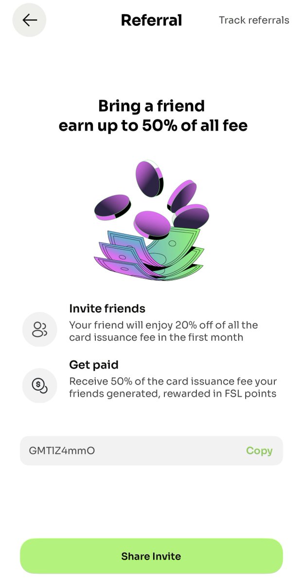 #GMTPay に新機能が追加されました❣️

アプリを最新にアップデートするとReferral Code（招待コード）が表示されます。

招待コードを入力してアクティベートすると初月は20％Offになります。

また、招待コードを発行した方は、カード発行手数料の50％がFSLポイントとして付与されます。

🫶