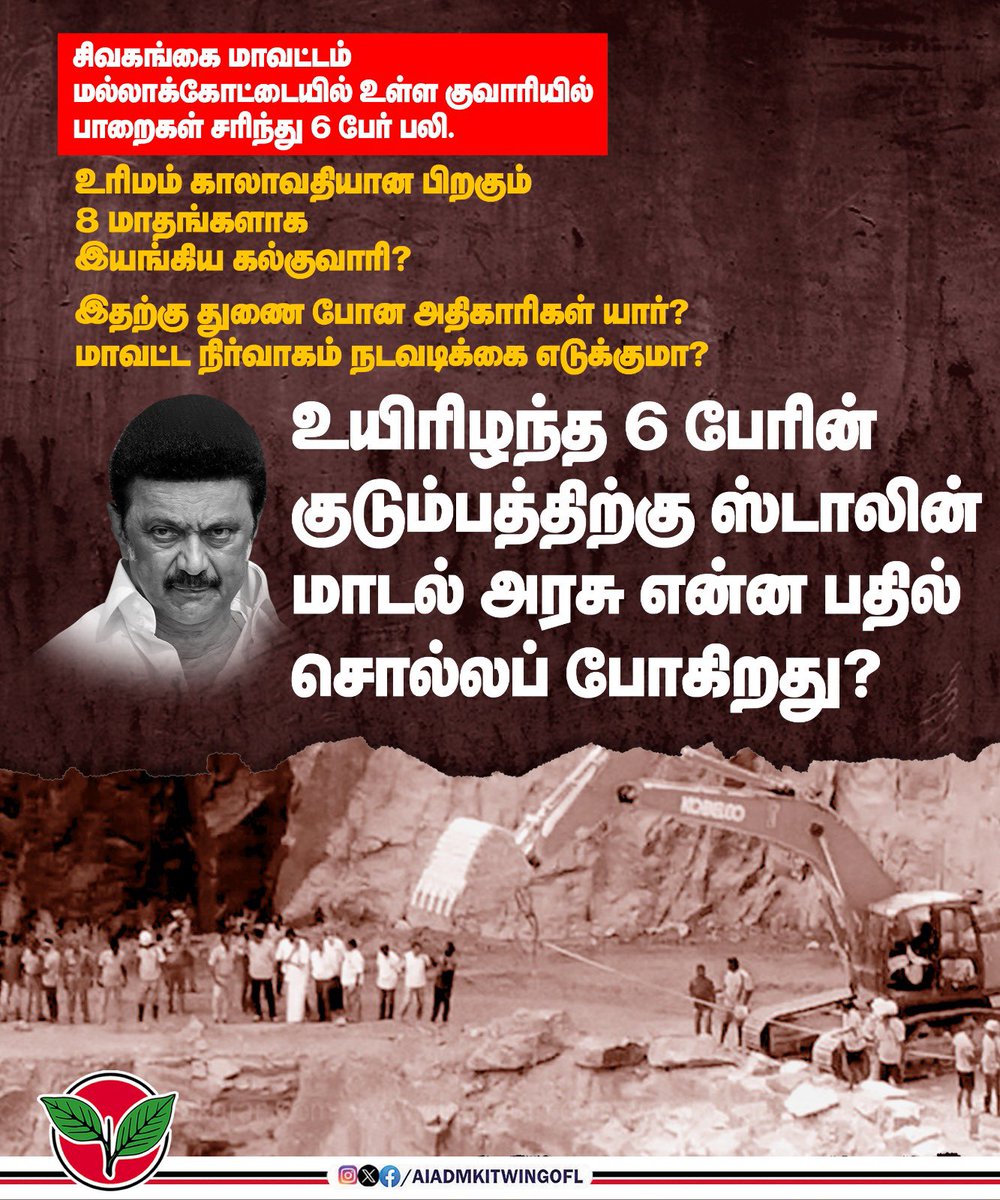 AIADMKITWINGOFL's tweet image. சிவகங்கை மாவட்டம் மல்லாக் கோட்டையில் உள்ள குவாரியில் பாறைகள் சரிந்து 6 பேர் பலி.

உரிமம் காலாவதியான பிறகும் 8 மாதங்களாக இயங்கிய கல்குவாரி?

இதற்கு துணை போன அதிகாரிகள் யார்?
மாவட்ட நிர்வாகம் நடவடிக்கை எடுக்குமா?

உயிரிழந்த 6 பேரின் குடும்பத்திற்கு ஸ்டாலின் மாடல் அரசு என்ன பதில்…