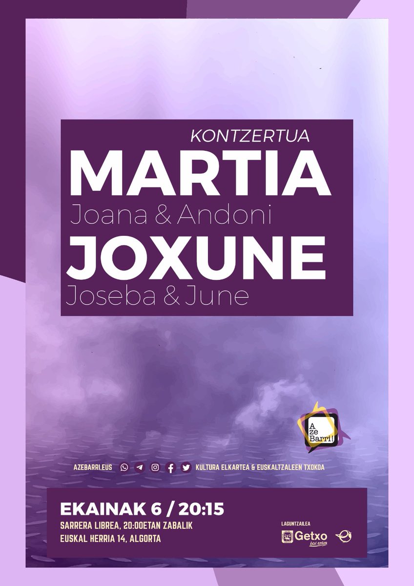 azebarri's tweet photo. Hileko lehen barikuan KONTZERTUAK gurean! Martia eta JoXune eskualdeko gaztez osatutako taldeak, bazatoz? Sarrera librea.

📅Ekainak 6, barikua
⏰20:15 (20:00 ateen irekiera)
🏦Azebarri kultur elkartean
📍Euskal Herria 14, Algorta https://t.co/MPX70LMc7y