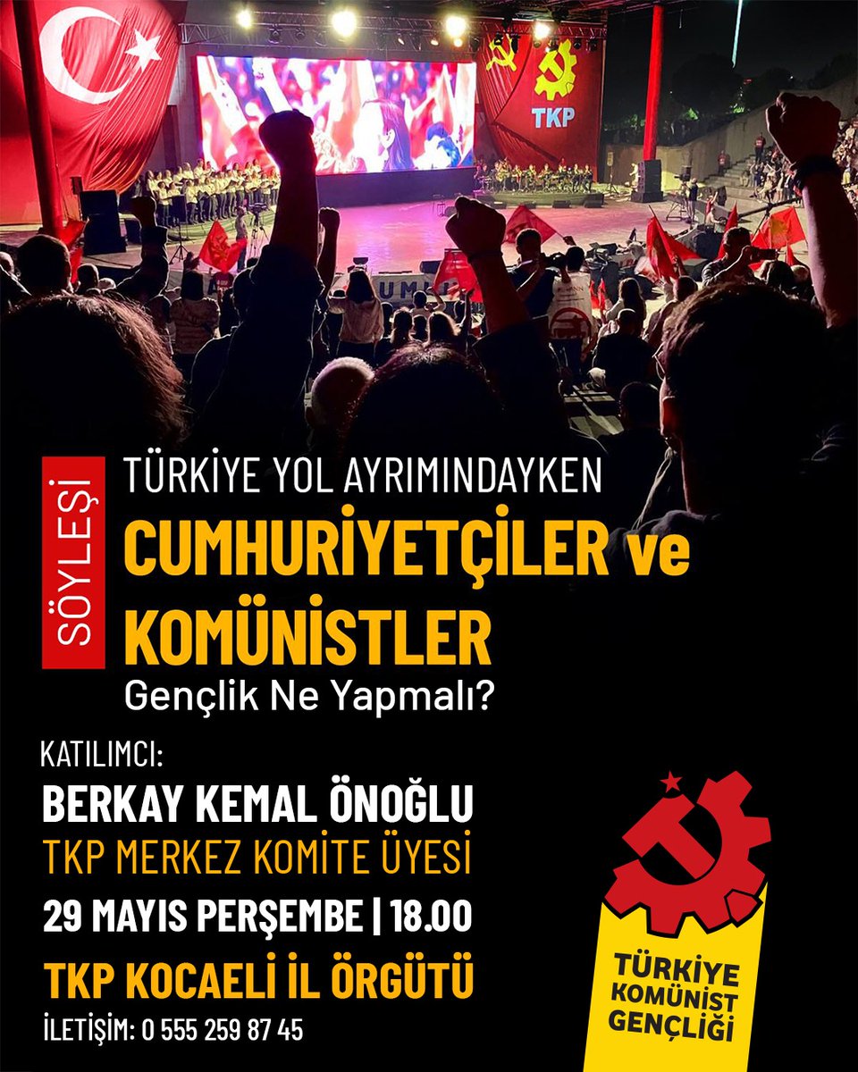 KocaeliTkp's tweet photo. Cumhuriyetin geleceği ve gençliğin örgütlü gücü üzerine bir araya geliyoruz.

"Türkiye Yol Ayrımındayken: Cumhuriyetçiler ve Komünistler, Gençlik Ne Yapmalı?"

🗓️29 Mayıs Perşembe
🕖18.00
📍Kocaeli İl Örgütü https://t.co/fdVpz29VIW