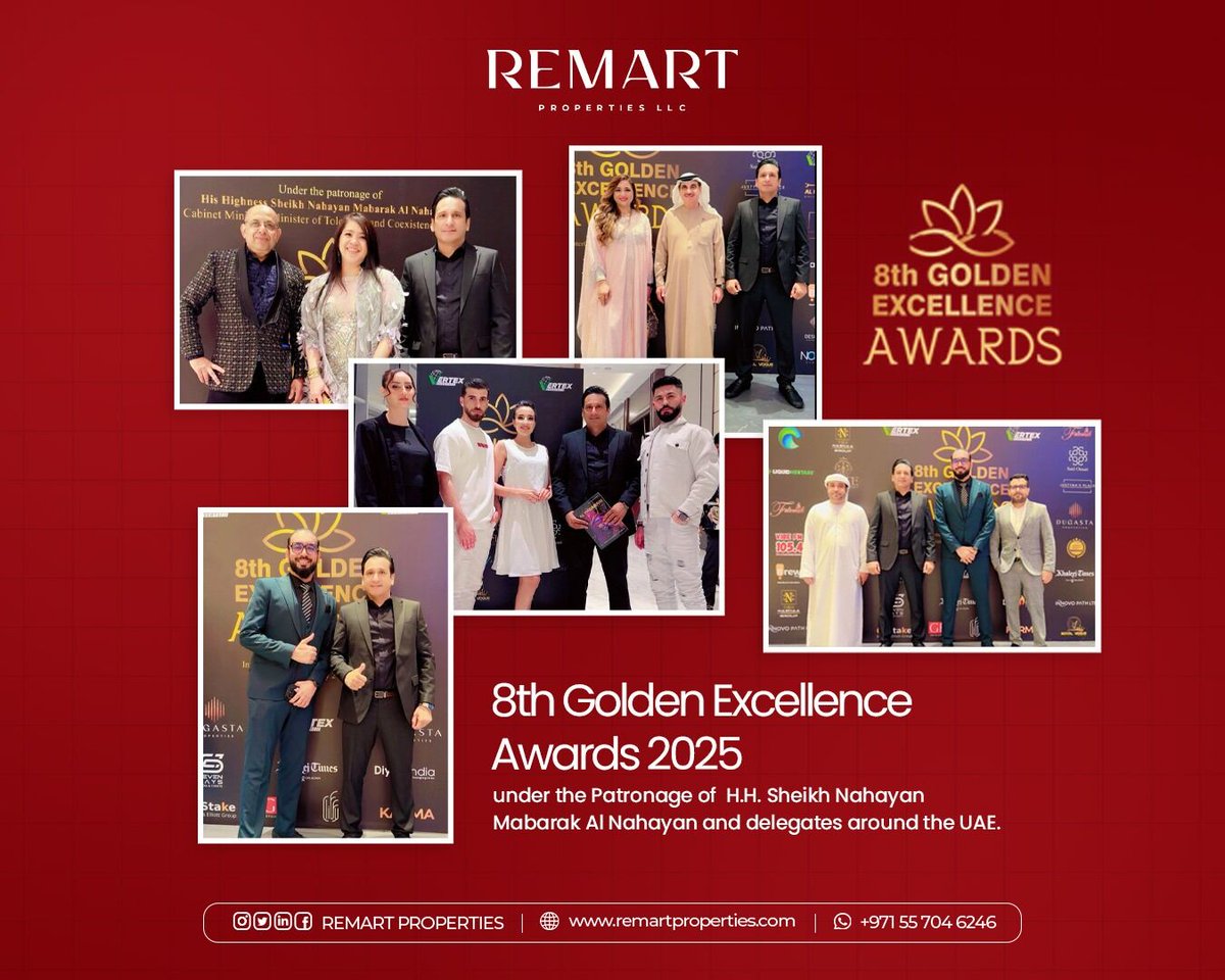 RemartProperti1's tweet photo. Team Members of Remart Properties LLC has attended the 𝟖𝐭𝐡 𝐆𝐎𝐋𝐃𝐄𝐍 𝐄𝐗𝐂𝐄𝐋𝐋𝐄𝐍𝐂𝐄 𝐀𝐖𝐀𝐑𝐃𝐒 𝟐𝟎𝟐𝟓 which is organized under the Patronage of H.H. Sheikh Nahayan Mabarak Al Nahayan and delegates around the UAE.

#REMART #UAE #DUBAI #GoldenExcellenceAwards https://t.co/miaKJg0lVm