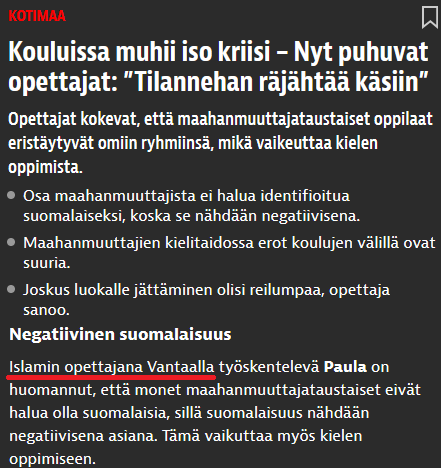 Tästähän se PISA-kokeiden tulosten romahtaminen johtuu, vaikka asiaa yritettiin jälleen kieltää viimeiseen asti.

Varmasti muuten auttaa hienosti integroitumista, jos suomalaisissa kouluissa on islaminopettaja.

Jatkamme tasaisen varmasti Ruotsin tietä🤷‍♀️