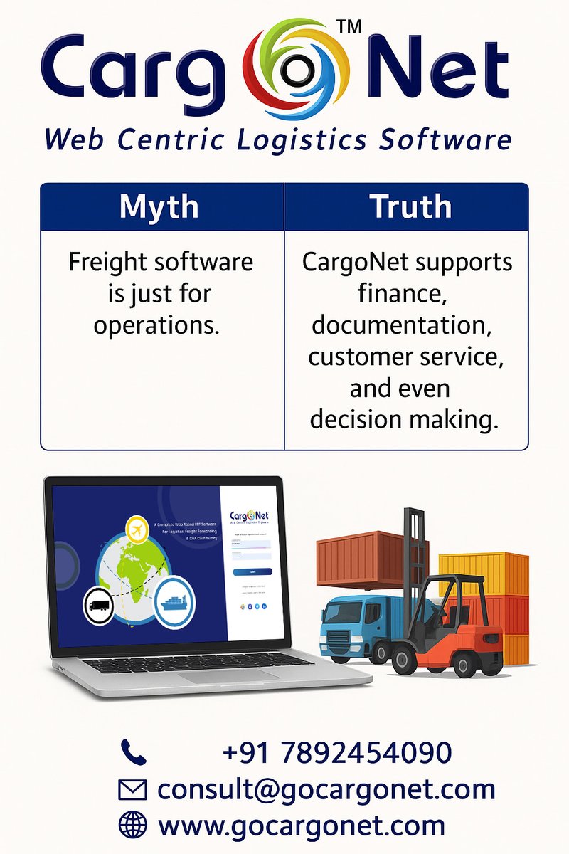GoCargoNet1's tweet photo. 📷 Freight software isn't just about operations anymore.
With CargoNet, you're not just moving cargo — you're managing:
📷 Finance
📷 Documentation
📷 Customer Service
📷 Data-driven Decisions
#CargoNet #FreightForwarding #LogisticsSoftware #FreightTech  #DigitalFreight https://t.co/h41zldbxB6
