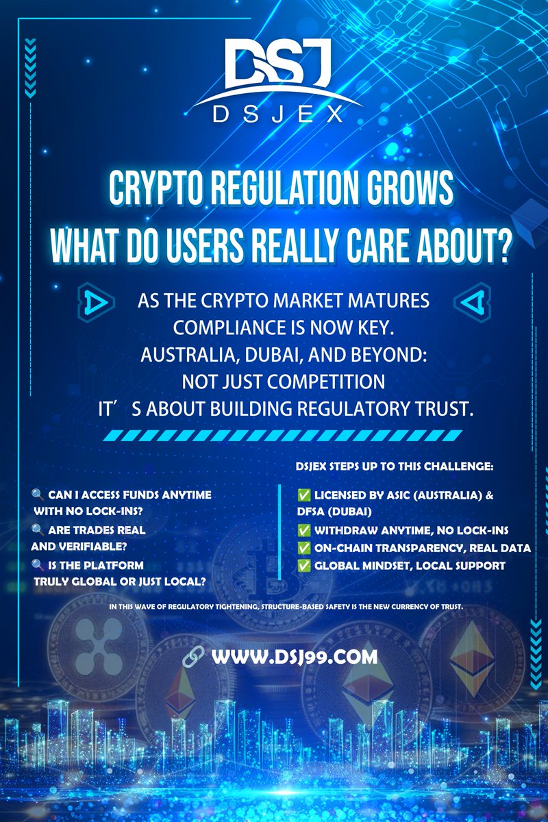 siLvieE_BaBaS's tweet image. As global crypto rules tighten, users care about:
🔍 Access to funds anytime
🔍 Real, verifiable trades
🔍 Truly global platforms
DSJEX delivers:
✅ ASIC &amp;amp; DFSA licensed
✅ No lock-ins, withdraw anytime
✅ On-chain transparency
✅ Global mindset, local support
