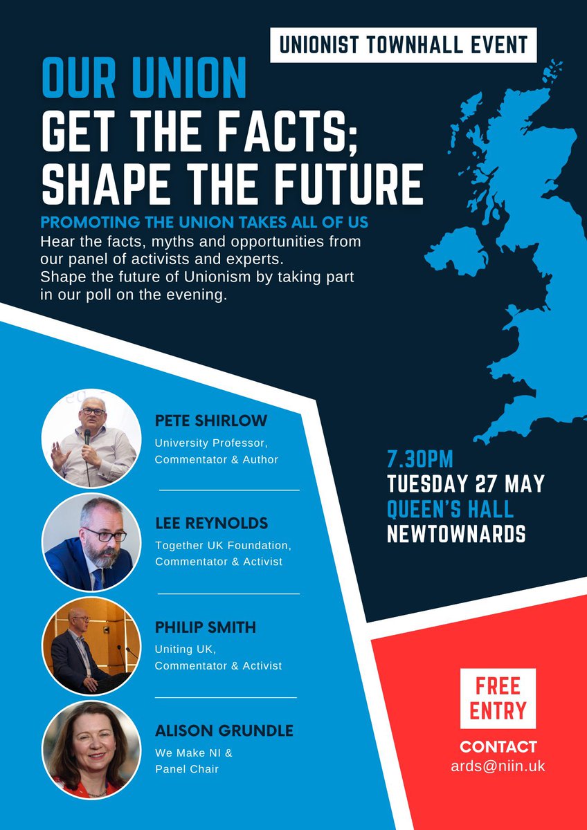 Lee Reynolds (@leereynoldsukni) on Twitter photo Tomorrow night ‘Our future place in the UK’ event with Peter Shirlow, me, <a href="/UnitingUK/">Uniting UK</a> and <a href="/WeMakeNI/">We Make NI</a> on Tuesday 27th May in Queen’s Hall, Newtownards. Doors open at 7pm for 7.30pm start and it’s free. Tomorrow night ‘Our future place in the UK’ event with Peter Shirlow, me, <a href="/UnitingUK/">Uniting UK</a> and <a href="/WeMakeNI/">We Make NI</a> on Tuesday 27th May in Queen’s Hall, Newtownards. Doors open at 7pm for 7.30pm start and it’s free.