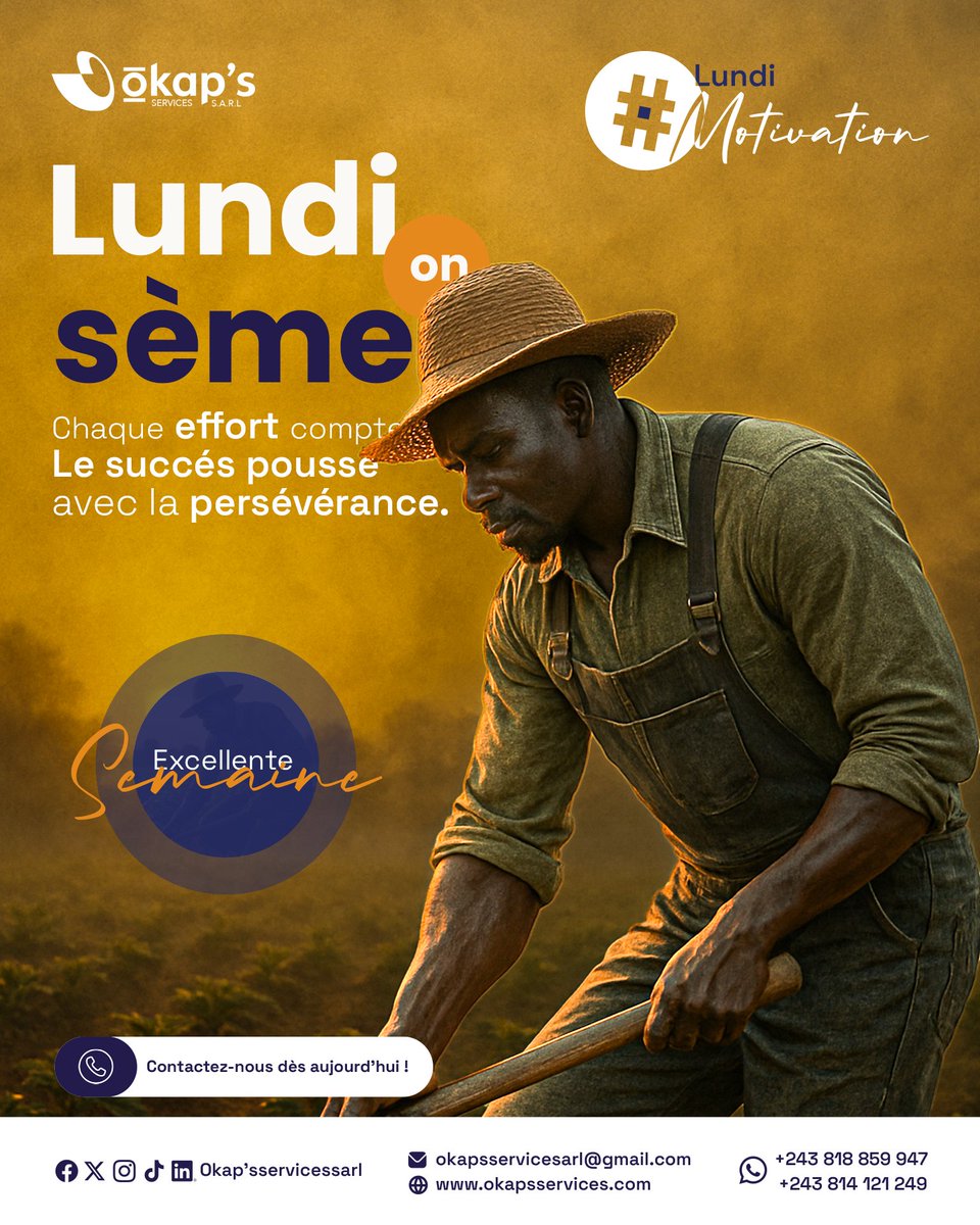 okapsservices's tweet photo. 🌅Lundi. Nouveau jour, nouvelle chance.

Comme ce cultivateur au lever du soleil, chaque effort compte. 💪🏾
Le succès ne se construit pas en un jour, mais il commence chaque matin, avec détermination et constance.

#LundiMotivation #Okapsservicessarl https://t.co/zvUG5VvM6E