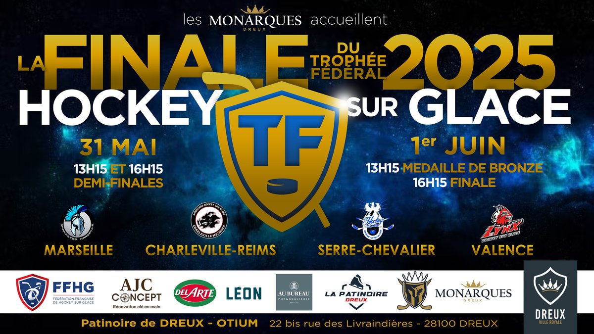 Le club des Monarques de #Dreux accueille les phases finales du Trophée Fédéral de #hockey à la #patinoire ce week-end !
🎟 La Ville de Dreux vous offre 500 places par match pour découvrir ce #sport ! Inscriptions via le lien ci-dessous :
➡️ my.weezevent.com/finale-du-trop…