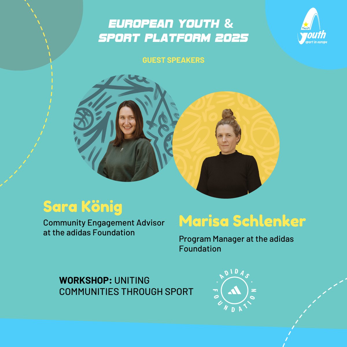 Thrilled to welcome Sara König, Community Engagement Advisor, &amp; Marisa Schlenker, Programme Manager, both adidas Foundation, to the #EYSP2025. Sara and Marisa will be leading a workshop entitled "Uniting Communities Through Sport" 💬.

engsoyouth.eu/eysp-2025