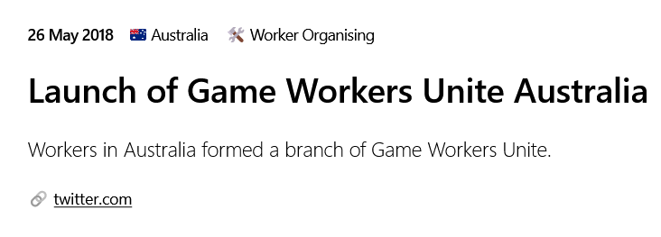 #OtD 26 May 2018 Workers in Australia formed a branch of Game Workers Unite gameworkersolidarity.com/action/2018-05…