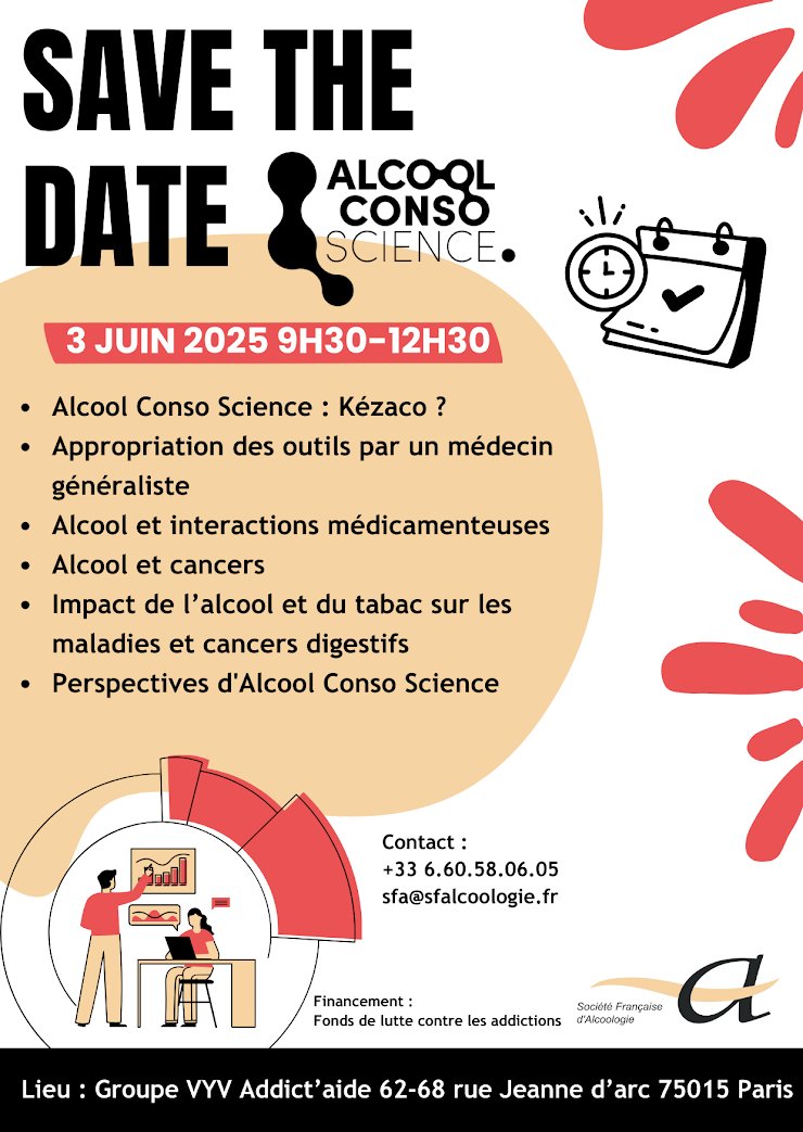 📢 Participez à la matinée Alcool Conso Science, organisée par la <a href="/SFAlcoologie/">Société Française d'Alcoologie et d’Addictologie</a>.

Un évènement pour débanaliser l’usage d’#alcool avec une communication scientifique et rigoureuse.

🗓️ 3 juin 2025, 9h30,
📍 Paris,
🧑‍💻 live en visioconférence.

S'inscrire 👉 docs.google.com/forms/d/e/1FAI…