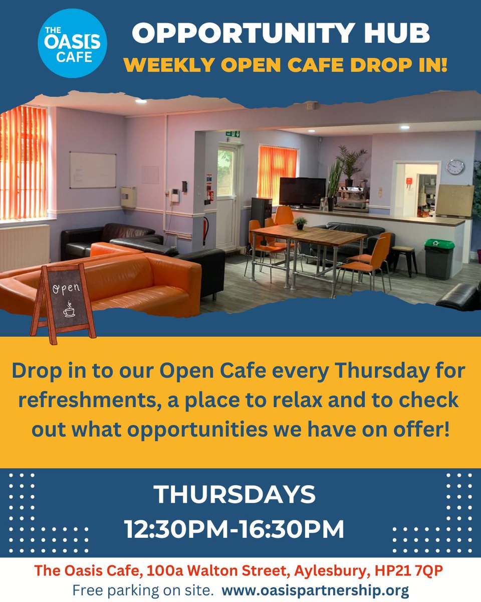 Got questions? Looking for something new? Every Thursday from 12:30 – 16:30, our doors are open for you to drop in, grab a cuppa, and chat with a member of staff.

📍 The Oasis Café, 100a Walton Street, Aylesbury, HP21 7QP
🕧 Thursdays | 12:30–16:30