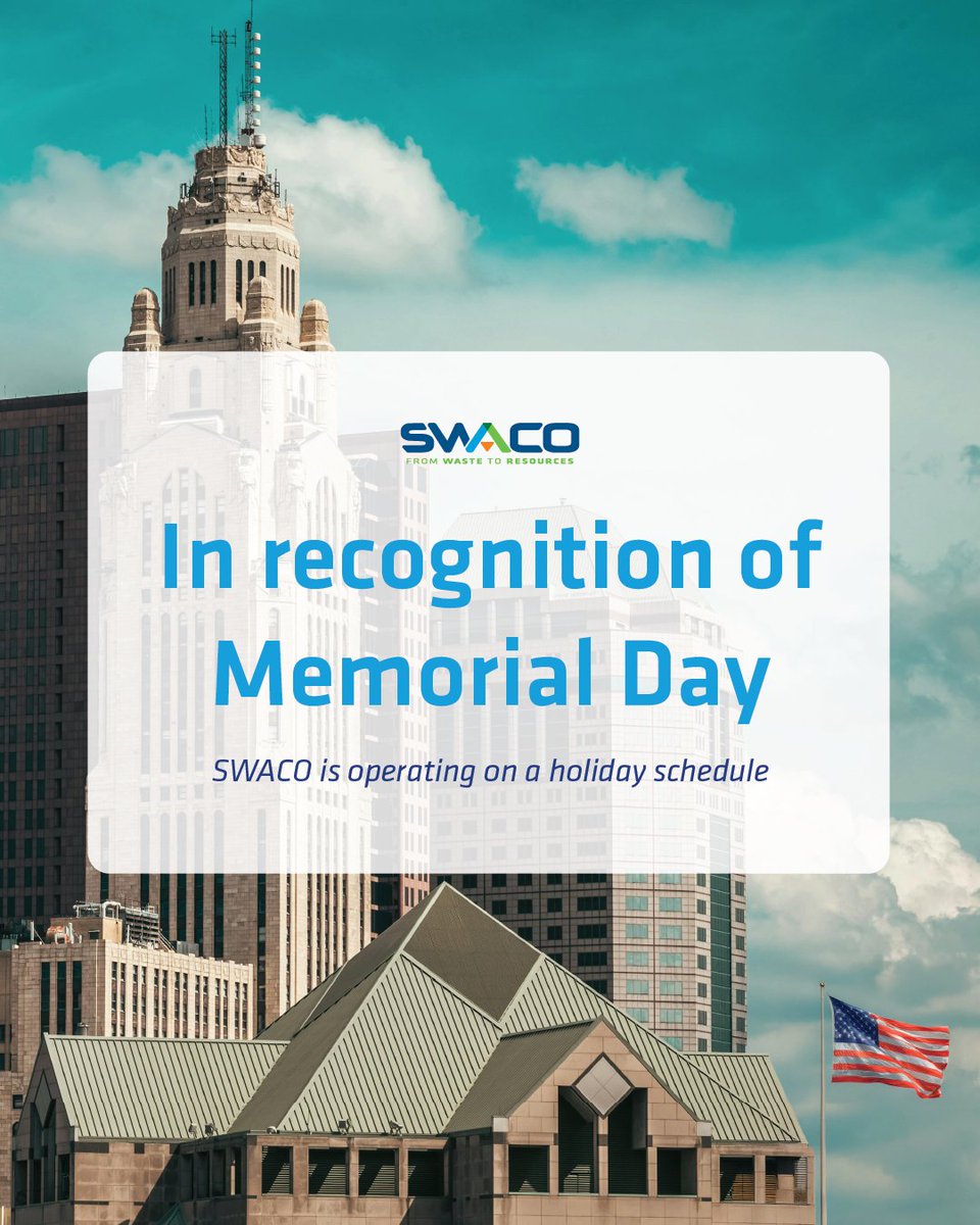 SWACO will be operating on a holiday schedule. Our office and facilities will resume normal operations on May 27.
Thank you and we wish everyone a safe and reflective holiday.
 
View the SWACOHolidaySchedule, here: swaco.org/HolidaySchedule