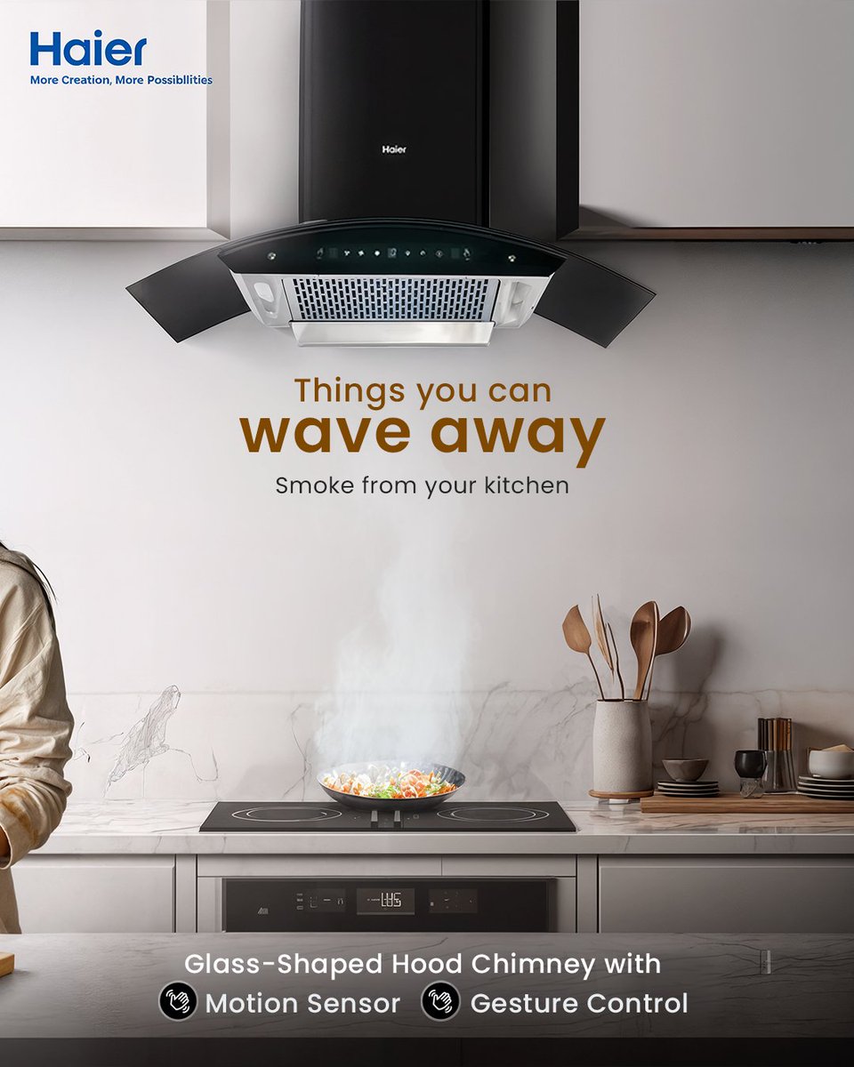 IndiaHaier's tweet photo. Some things need deep conversations. 
Others just need a wave. 
What’s that one kitchen struggle you wish could disappear with a wave? Tell us in the comments!  

#Haier #MoreCreationMorePossibilities #Chimney #AutoClean #KitchenAppliances https://t.co/lhzMb5XGat