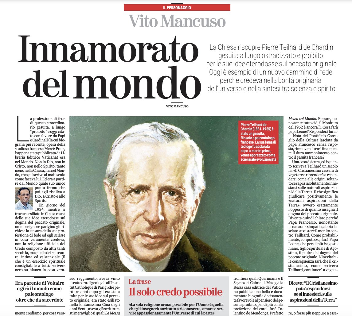26 maggio Oggi su <a href="/LaStampa/">La Stampa</a> si parla di Pierre Teilhard de Chardin. Nell'articolo a cura di Vito Mancuso viene citata la recente biografia scritta da Mercè Prats, e pubblicata dalla nostra casa editrice, che ne racconta la vita e il pensiero in modo profondo e appassionato.