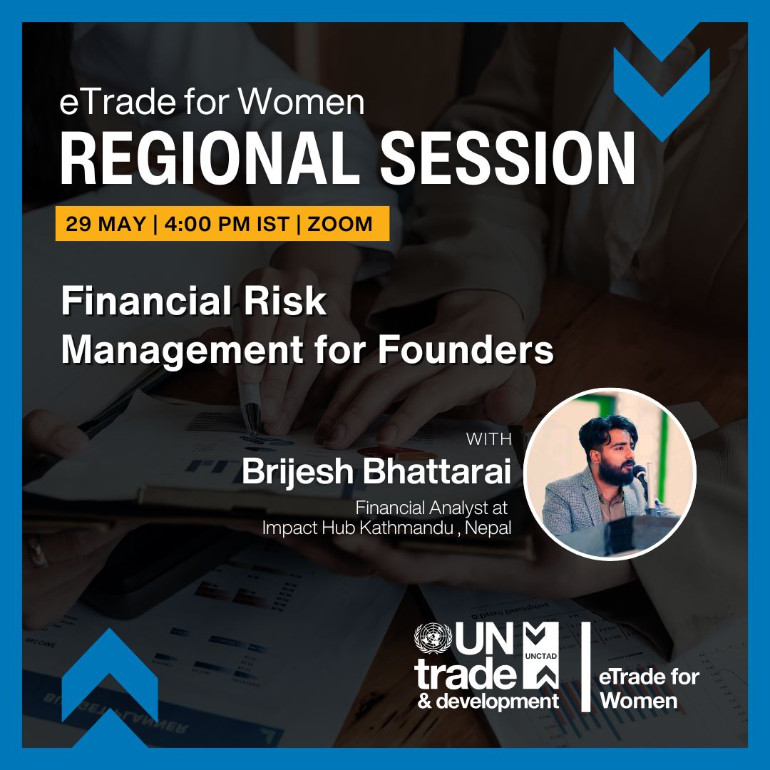 Are you ready to strengthen your business’s financial resilience?

Join us for a  hands-on  session on "Financial Risk Management for Founders", hosted by the #eTradeforWomen Community Leaders for South Asia.

🗓️29 May at 4:00 PM IST!

🔗 Register now:
zoom.us/meeting/regist…