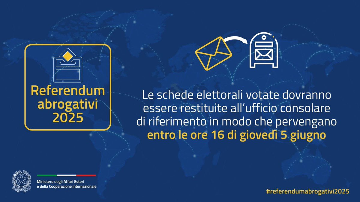 🗳️ #Referendumabrogativi2025 

❗La busta preaffrancata contenente le schede elettorali dovrà pervenire all’Ambasciata entro le ore 16 di giovedì 5 giugno. 👇 
esteri.it/it/sala_stampa…