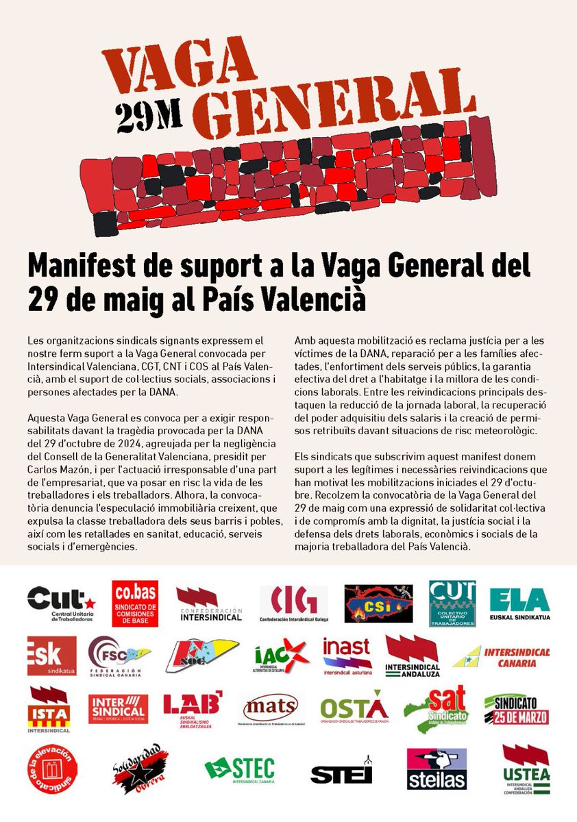 Manifest de suport del moviment sindical de classe a la Vaga General del País Valencià del 29 de maig.

#VagaGeneral29M

<a href="/AcordSocialVLC/">Acord Social Valencià</a> 

<a href="/STEILAS_/">STEILAS sindikatua</a> 

<a href="/OSTAsindicato/">OSTA</a> 

<a href="/SAT_nacional/">SAT Andalucía</a> 

<a href="/la_IAC/">IAC</a> 

<a href="/STEC_Cantabria/">STEC</a> 

<a href="/usteasindicato/">USTEA</a>