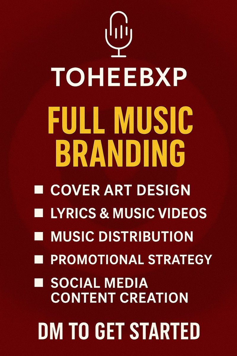 Take your music career to the next level with full branding, visuals, and promotion tailored for independent artists. Let’s turn your sound into a standout brand, from cover art to marketing, I’ve got you covered. #ToheebXP #MusicBranding #IndieArtistSupport #VisualMarketing