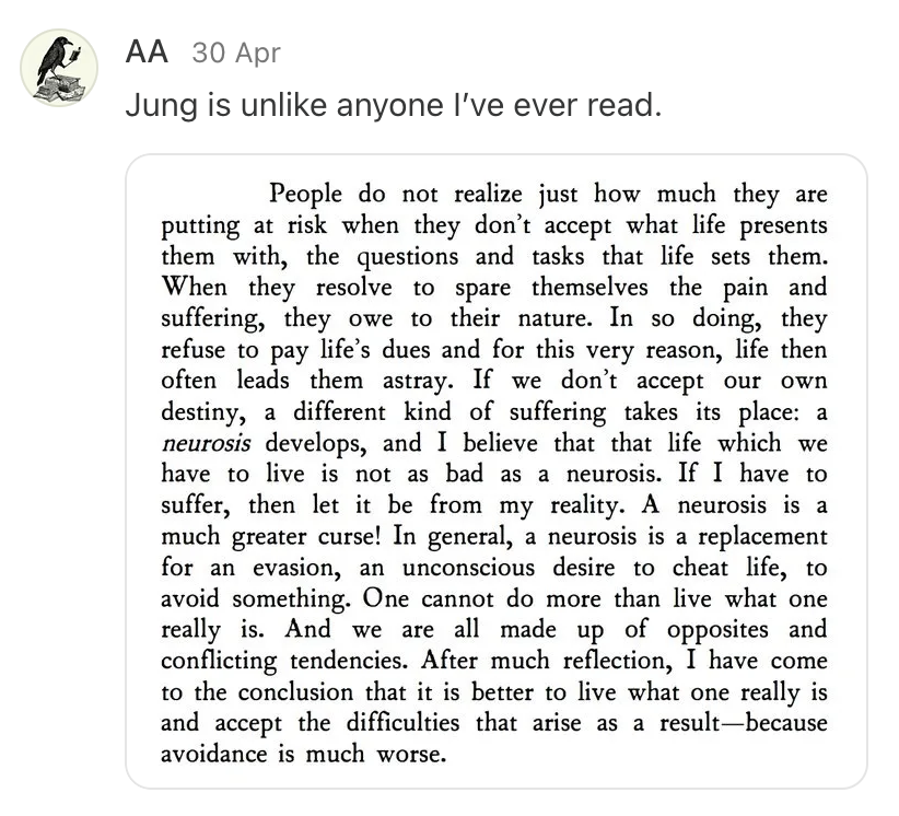 "If I have to suffer, then let it be from reality. A neurosis is a much greater curse!"